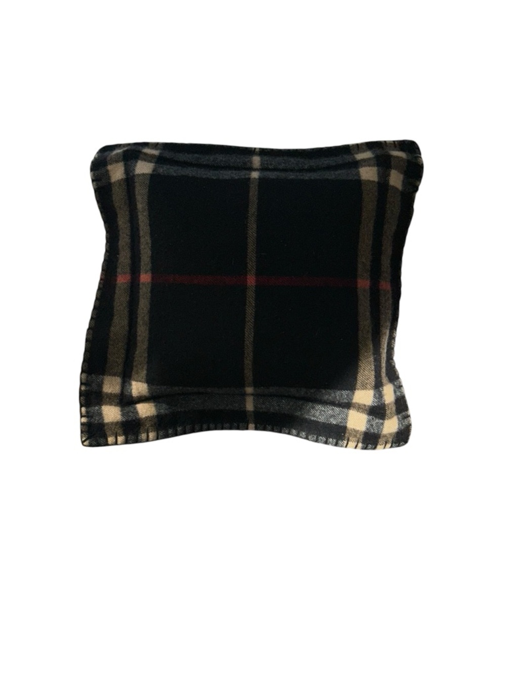 Burberry Black Lambswool plaid  pillow Red Stripe Tan Trim Scotland